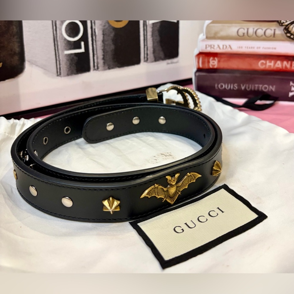 GUCCI Black Leather Double G Buckle Studded Belt Accents and Bat Detail🔥 EUC!! - Picture 10 of 16